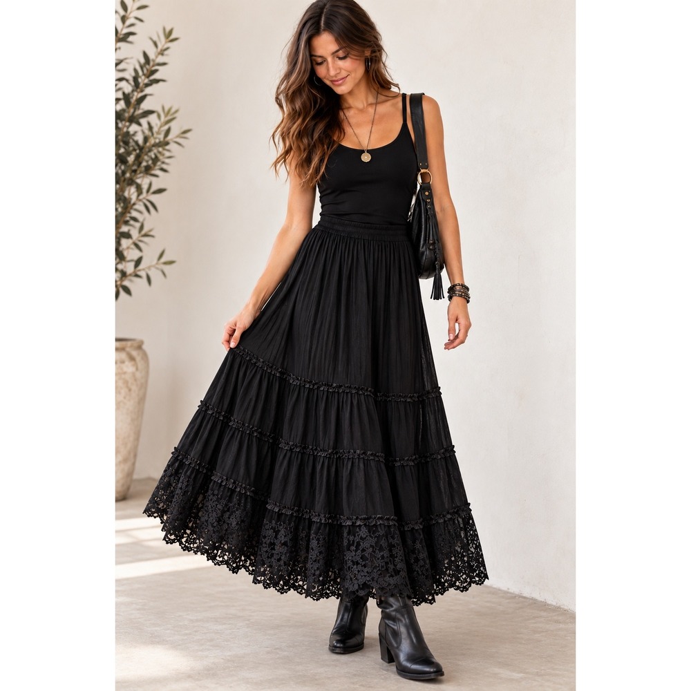 Womens M Maxi Skirt Black Tiered Lace Velvet Boho Whimsigoth Steampunk Grunge